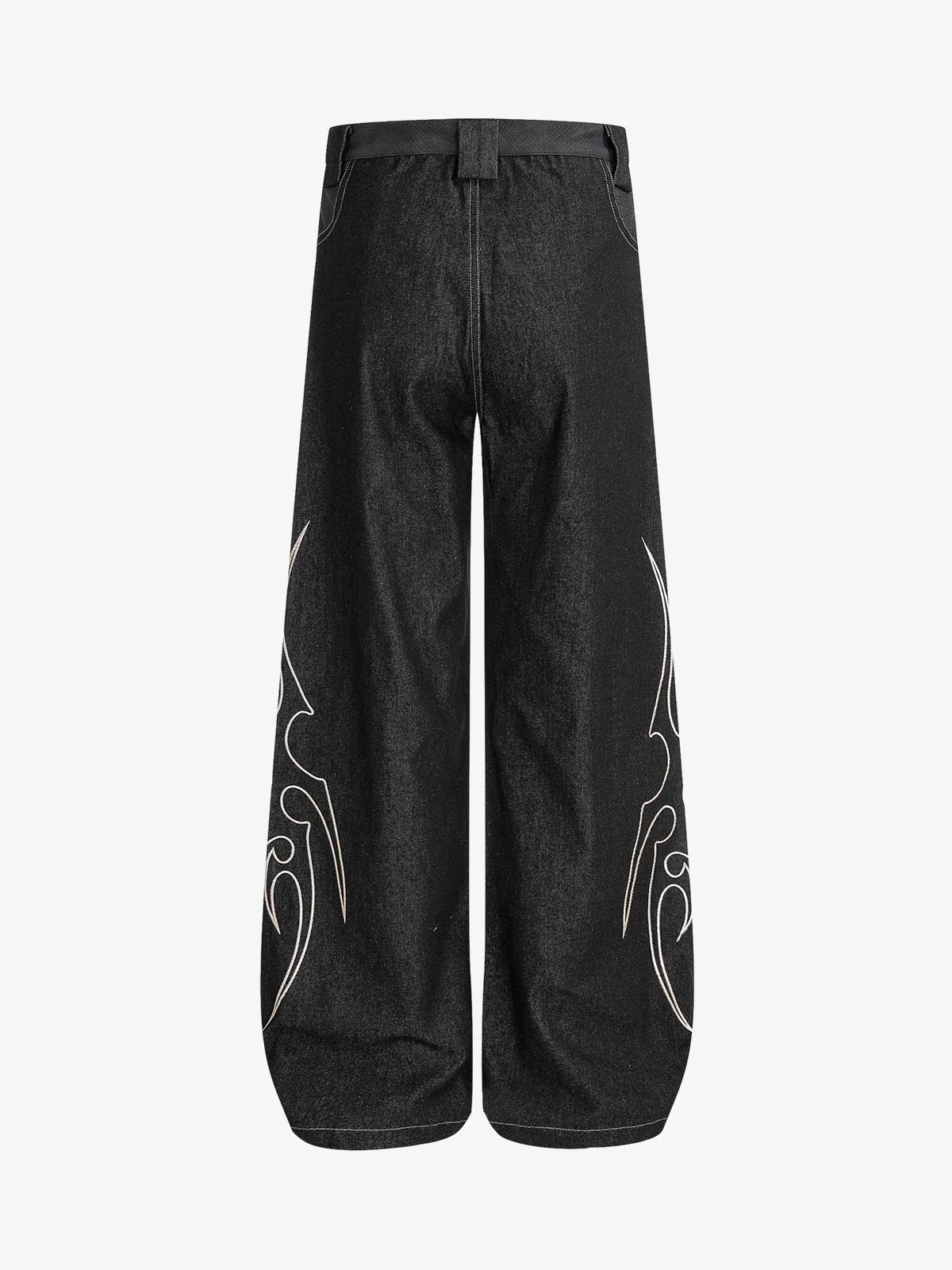 Denim Wide-Leg Pants with Flame Stitch Design High-Waisted Relaxed Fit 