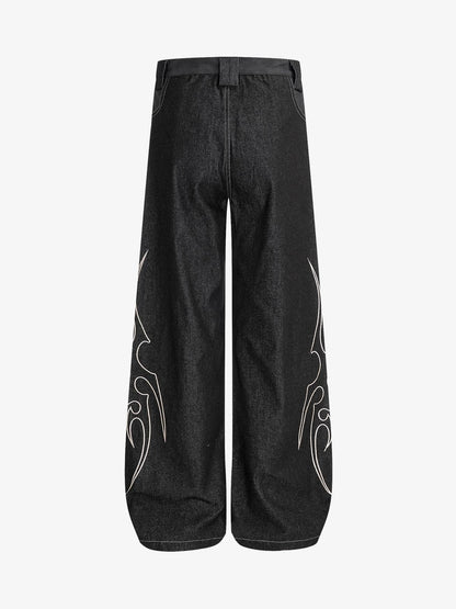 Denim Wide-Leg Pants with Flame Stitch Design High-Waisted Relaxed Fit 