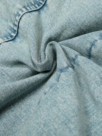 Retro Washed Denim Faux Fur Collar Quilted Jacket 