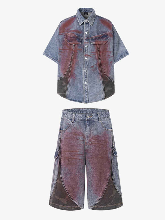 Rusty Wash Camo Patchwork Denim Shirt & Shorts Set