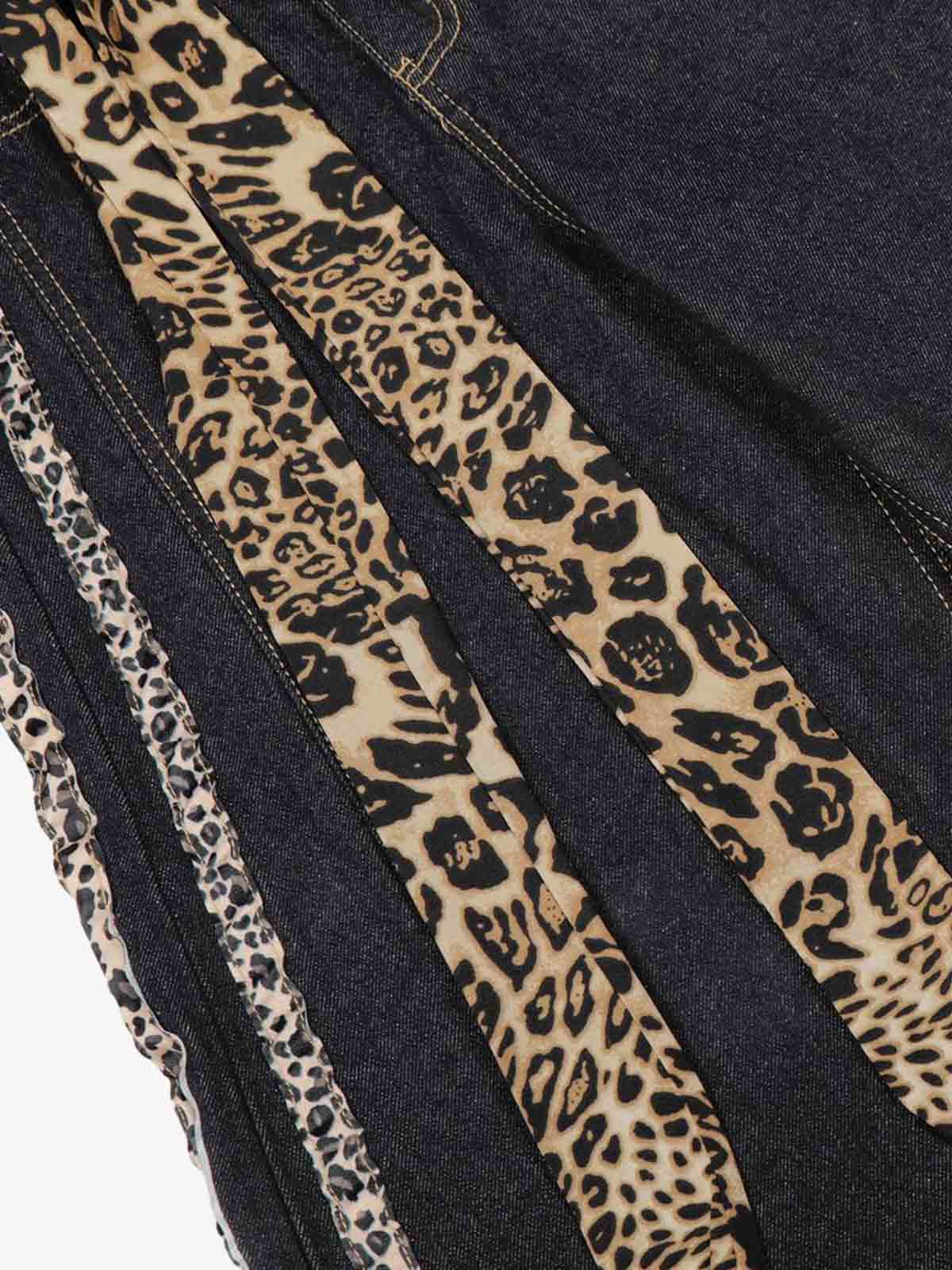 Denim Leopard Print Wide Leg Trousers with Belted Waist and Side Stripes 