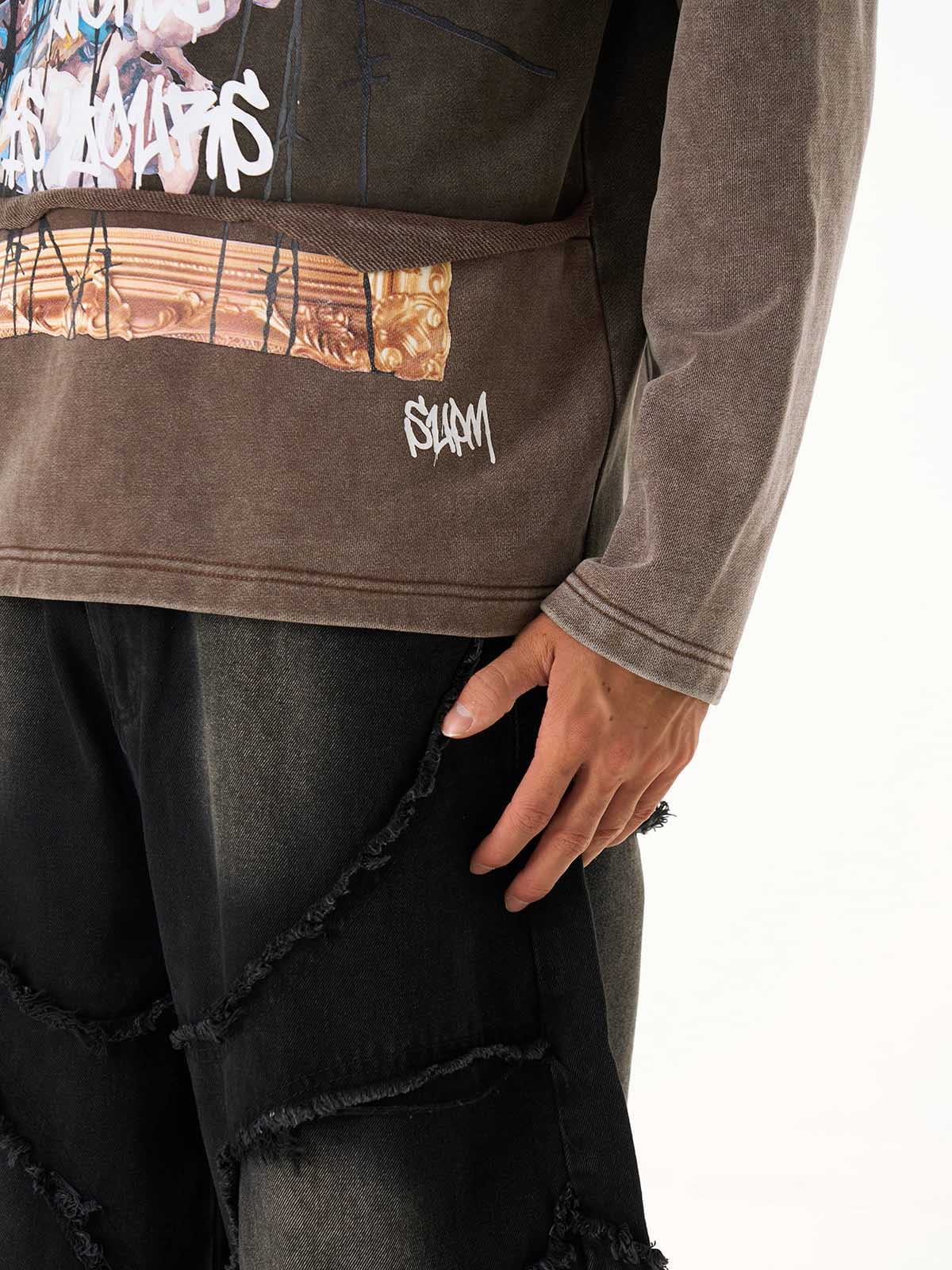 Distressed Hooded Sweatshirt with a Famous Painting of Thorn Destruction 