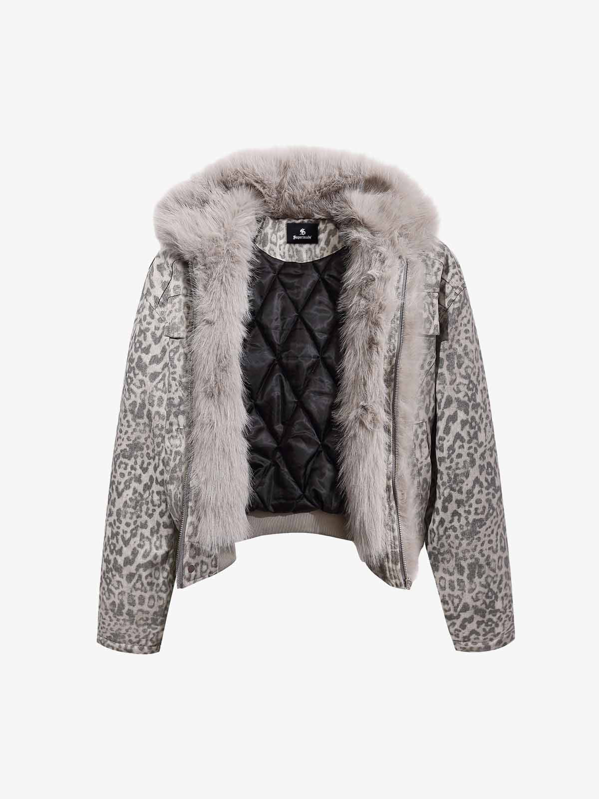 Vintage Leopard Fleece Faux Fur Collar Panel Trim Padded Jacket 