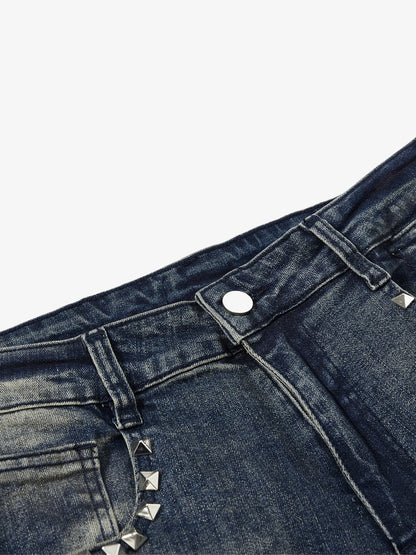 Denim Wide-Leg Flared Jeans with Stud Details for Women 