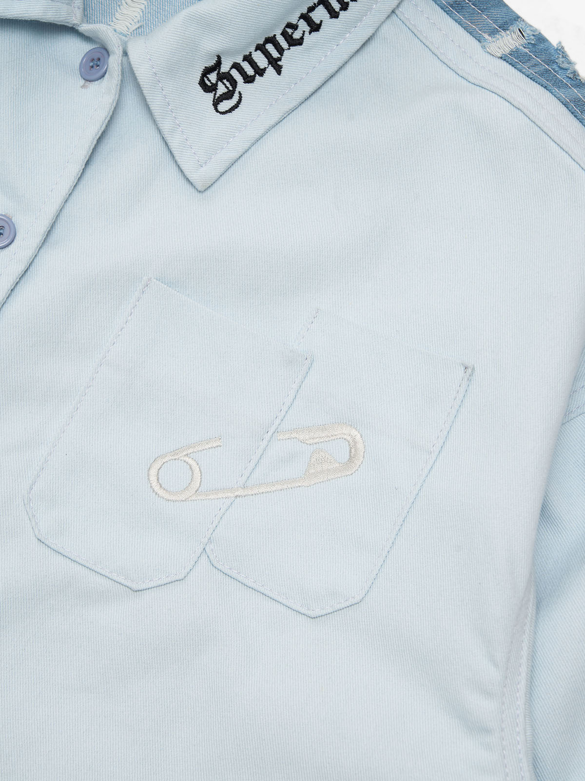 Thesupermade Embroidered pin-fixed pockets - striped batik ripped Denim Shirt 