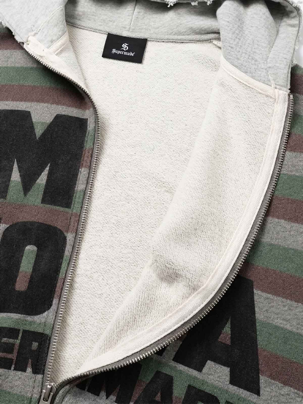Striped Layered Distressed Cropped Zip Hoodie