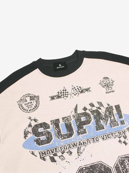 Biker Graphic Color Block Waffle Long Sleeve Tee
