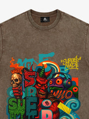Trendy Multicolor Graffiti Skull Graphic T-Shirt 