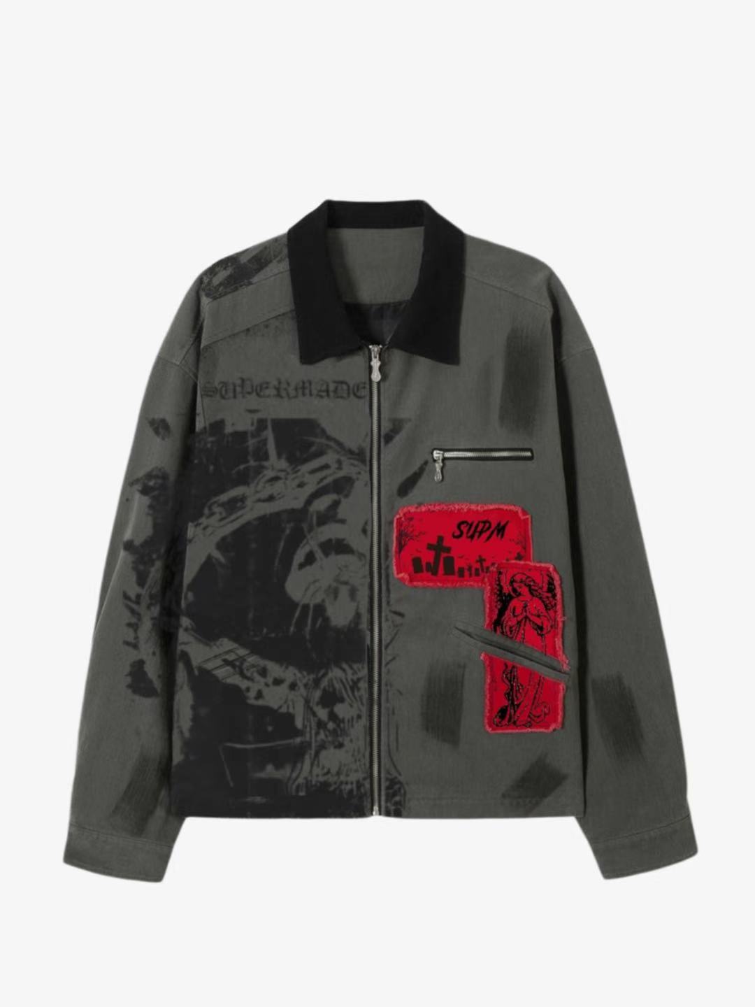 Gothic-Inspired Jacket with Red Patches and Graphic Prints 