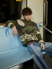 Camo Pattern Jacquard Knit Full-Zip Stand Collar Sweater