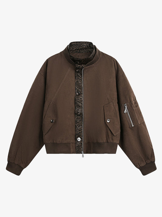 Retro Leopard PU Patchwork Faux Layered Jacket 