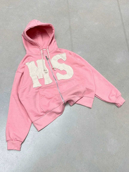 Letter Flocked Hooded Cardigan Sweatshirt