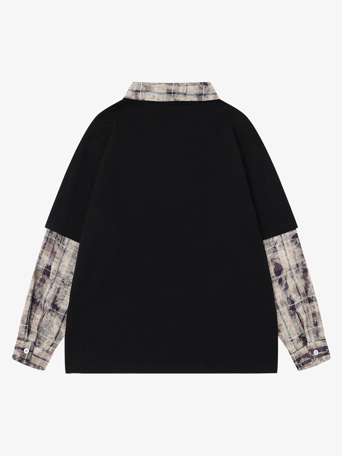 チェック柄パッチワークグラフィック長袖Tシャツ