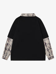 チェック柄パッチワークグラフィック長袖Tシャツ