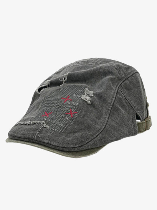 Cotton Denim Patchwork Flat Cap with Embroidered Red Panel and Distressed Details 