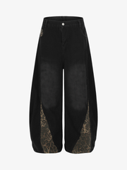 Leopard Hem Washed Curved-Leg Jeans