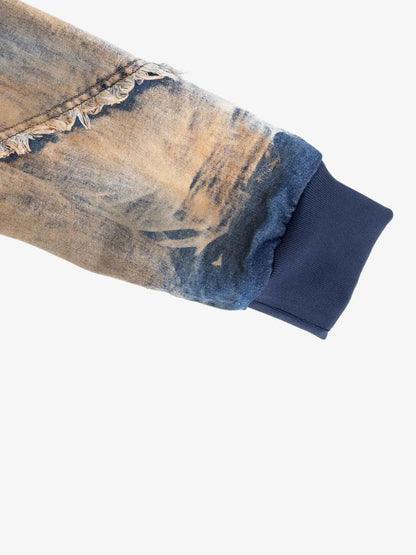 Distressed Mud-Dyed Frayed Edge Denim Bomber Jacket 