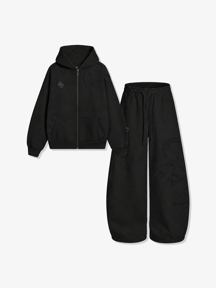 Cotton-Blend Quilted Padded Embroidered Hoodie & Wide-Leg Sweatpants Set