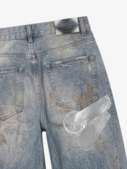 Foil-Tape Distressed Ripped Heavyweight Jeans