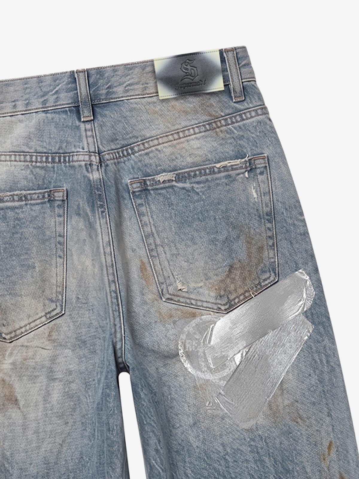 Foil-Tape Distressed Ripped Heavyweight Jeans