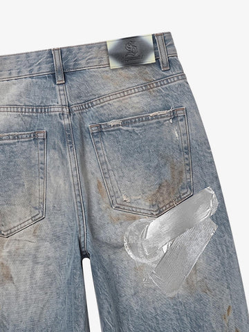Foil-Tape Distressed Ripped Heavyweight Jeans