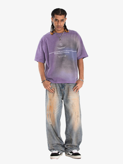 300G Cotton Jade Pattern Dyed T-Shirt with Caution Print Oversized Streetwear Tee 