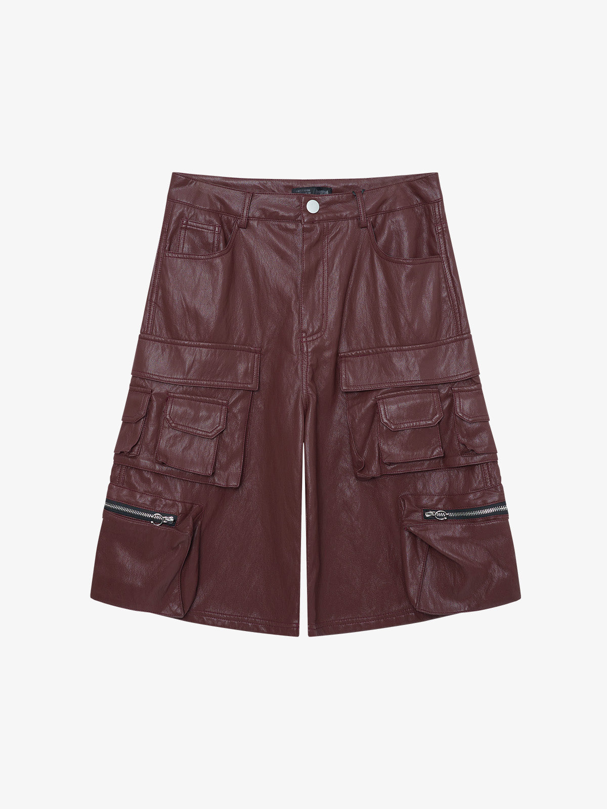 Faux Leather Cargo Shorts for Men - Black Oversized Utility Shorts with Multiple Pockets and Zipper Details 