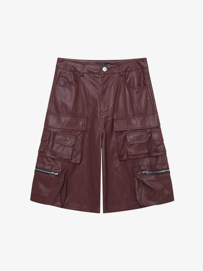 Faux Leather Cargo Shorts for Men - Black Oversized Utility Shorts with Multiple Pockets and Zipper Details 