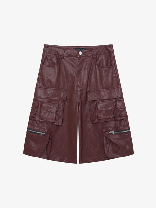 Faux Leather Cargo Shorts for Men - Black Oversized Utility Shorts with Multiple Pockets and Zipper Details 