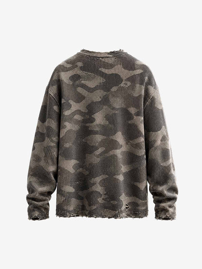 Distressed Waffle Knit Camo Long Sleeve with Skull Print
