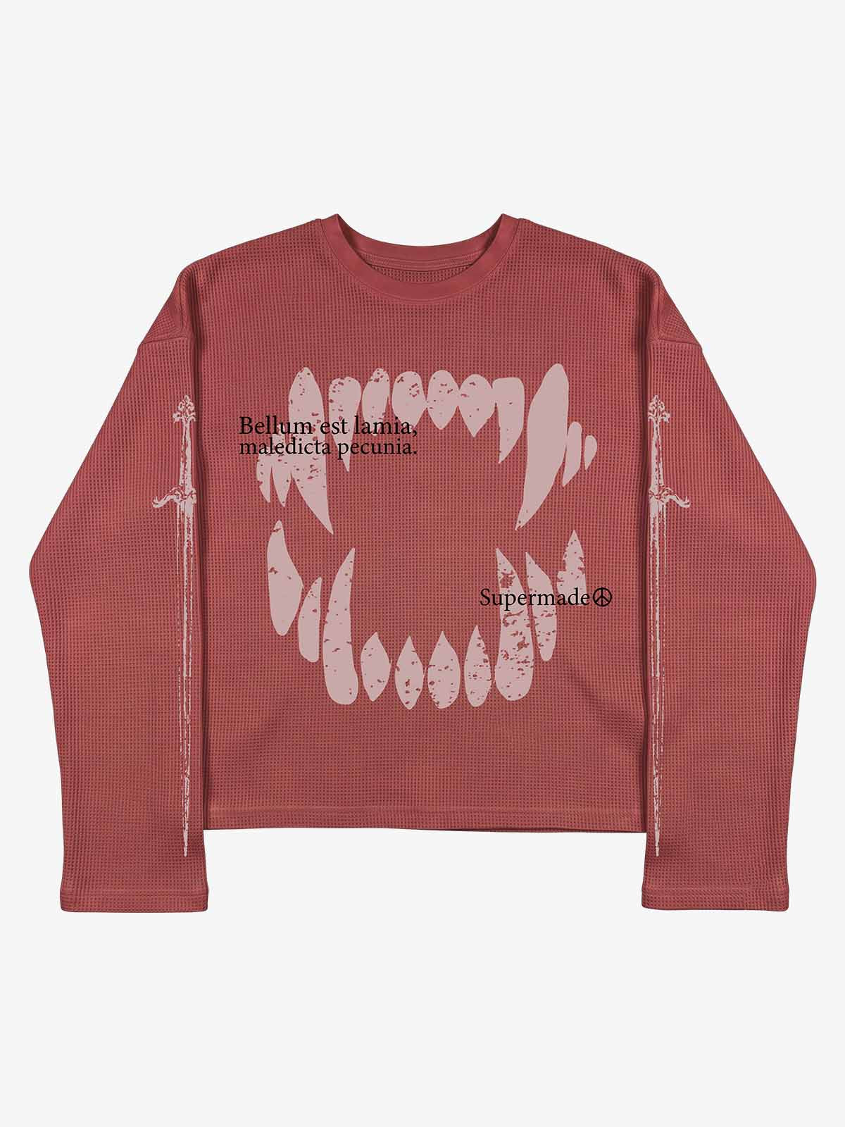 Fangs Graphic Waffle Boxy Long Sleeve Top; Red / S, Red / M, Red / L, Red / XL, Red / 2XL