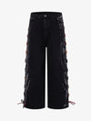 Retro Colorful Lace-Up Side Panel Spray-Washed Wide Leg Jeans 
