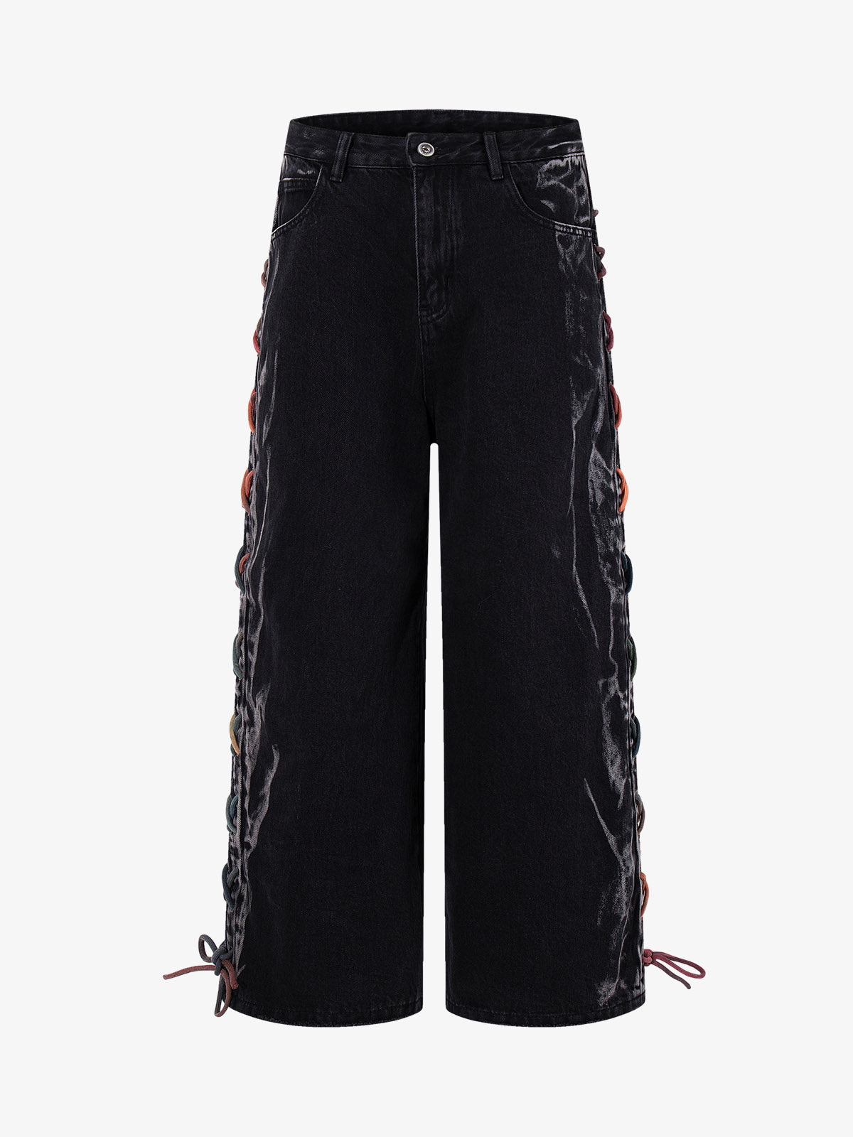 Retro Colorful Lace-Up Side Panel Spray-Washed Wide Leg Jeans 