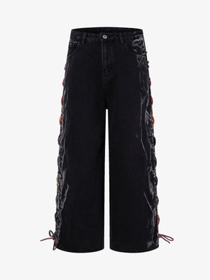 Retro Colorful Lace-Up Side Panel Spray-Washed Wide Leg Jeans 