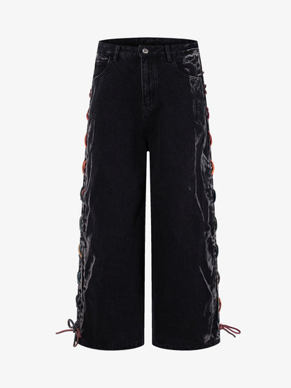 Retro Colorful Lace-Up Side Panel Spray-Washed Wide Leg Jeans 
