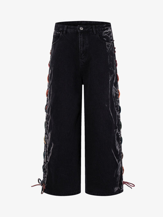 Retro Colorful Lace-Up Side Panel Spray-Washed Wide Leg Jeans 