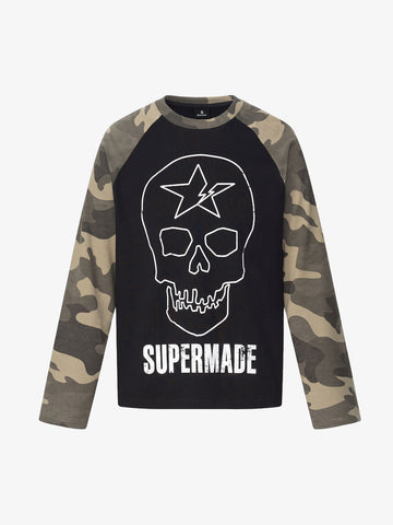 Skull Print Waffle Boxy  Long Sleeve Tee