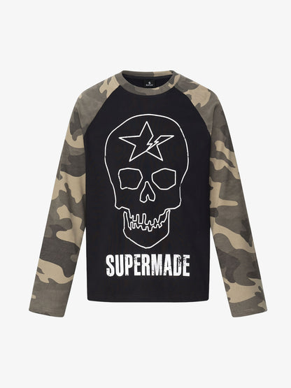 Skull Print Waffle Boxy  Long Sleeve Tee