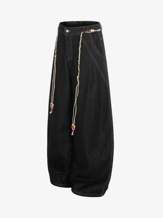 Rope Detail Waist Wide Leg Denim Jeans