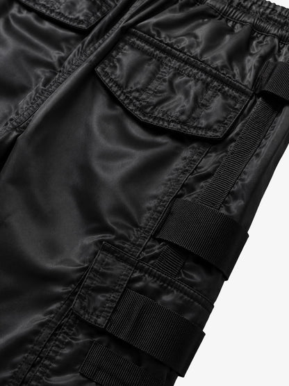 Multi-Pocket Zip Strap Glossy Nylon Moto Pants