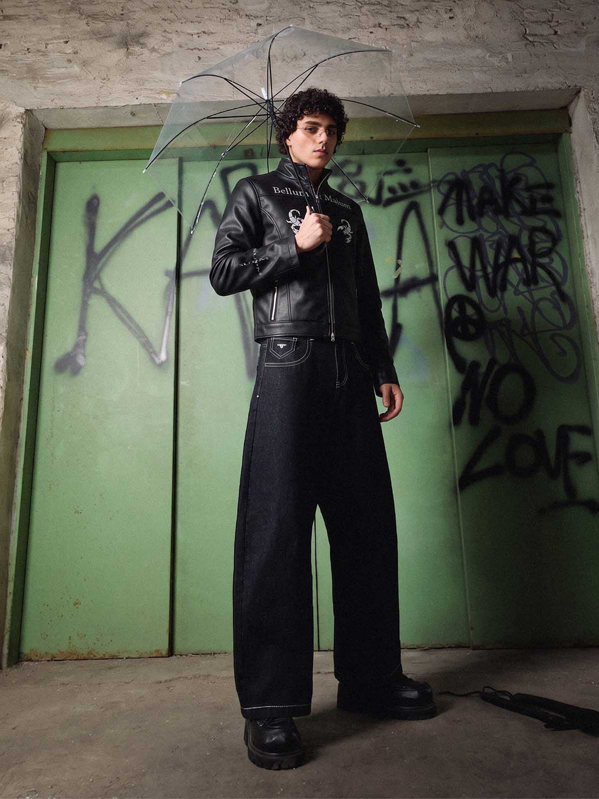 Graphic Stand-Collar Faux Leather Zip Jacket