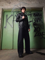 Graphic Stand-Collar Faux Leather Zip Jacket
