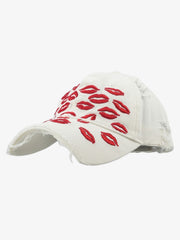 Red Lip Embroidery Distressed Baseball Cap 