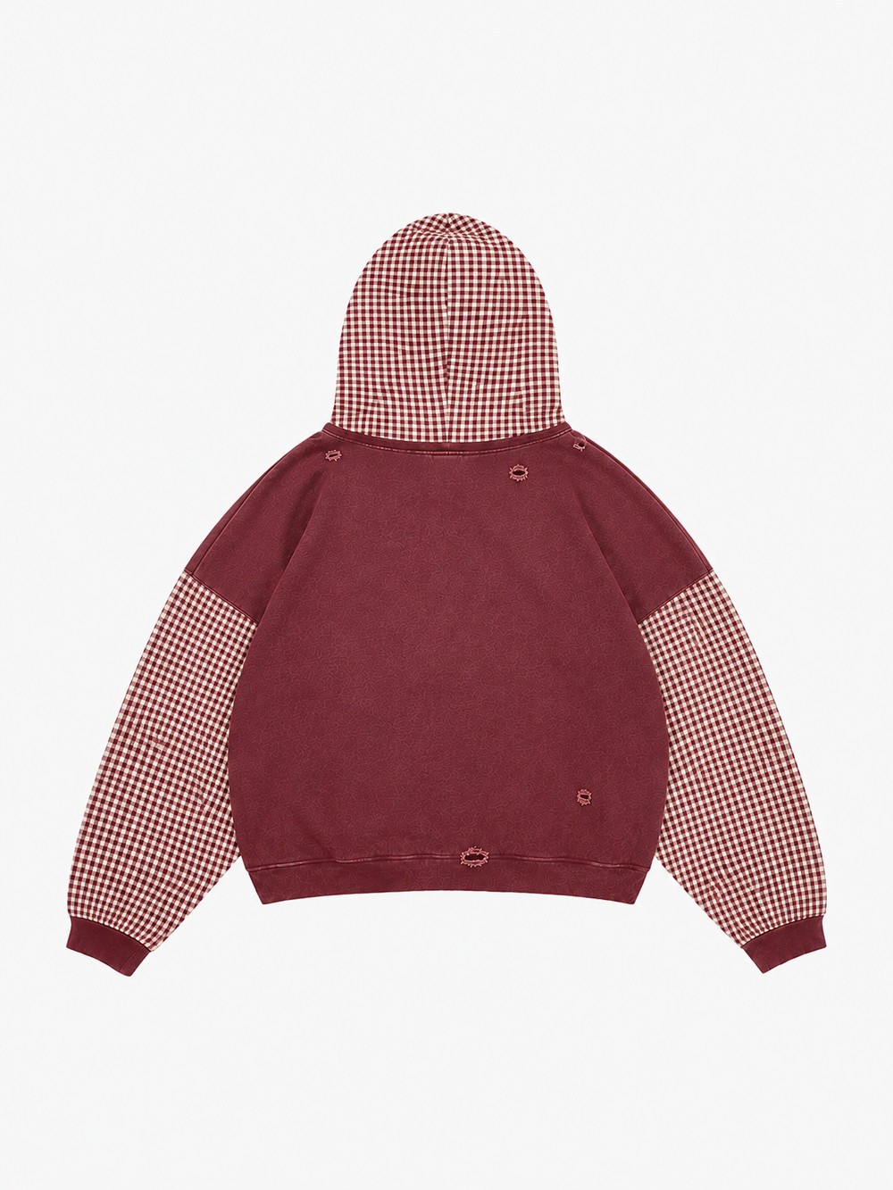 Sweat à capuche zippé court à carreaux et panneaux, effet usé