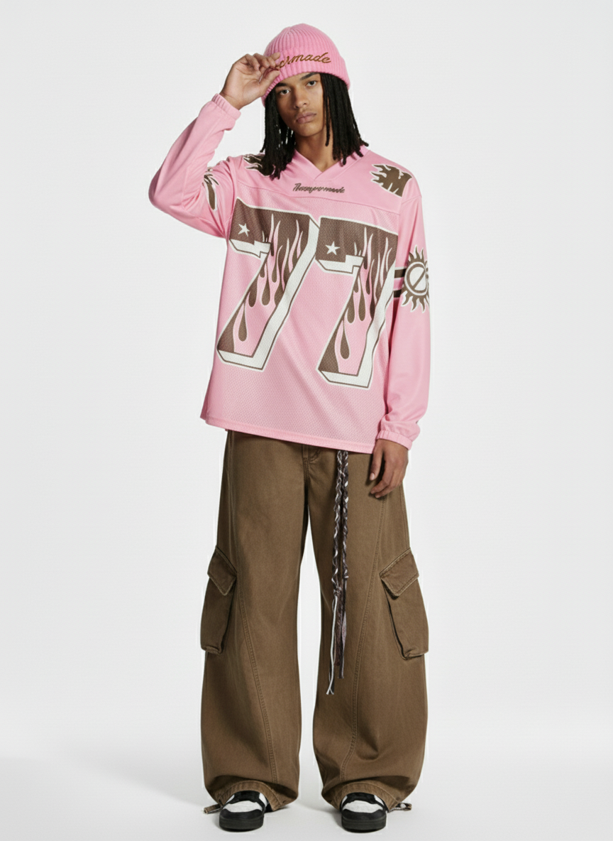 Retro Graphic Flame Number Print Long-Sleeve Jersey T-Shirt 