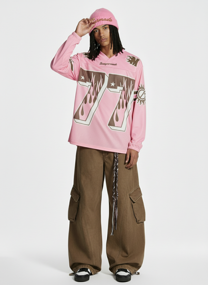 Retro Graphic Flame Number Print Long-Sleeve Jersey T-Shirt 