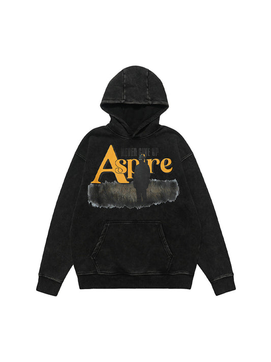 Heavy Washed Letter Portrait Print Fleece Hoodie 