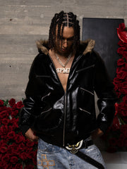 Multi-Zip Fur Hooded Leather Jacket 