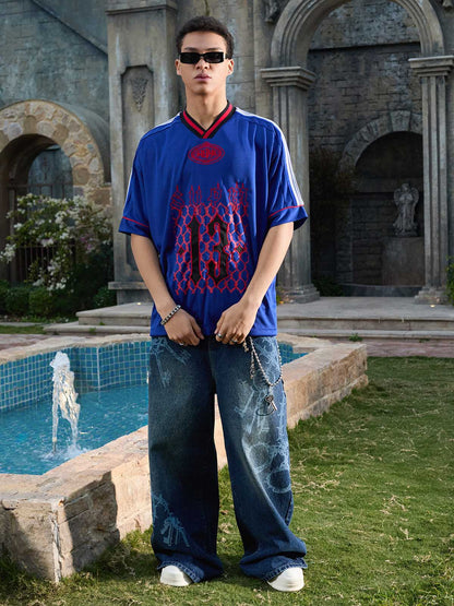 Supermade Color-Blocked V-Neck Embroidered Jersey Short-Sleeved 