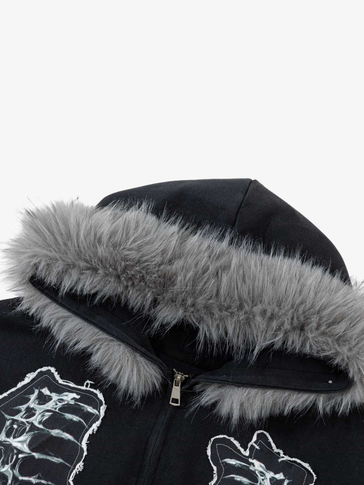 Metal Skeleton Fur Zip-Up Hoodie